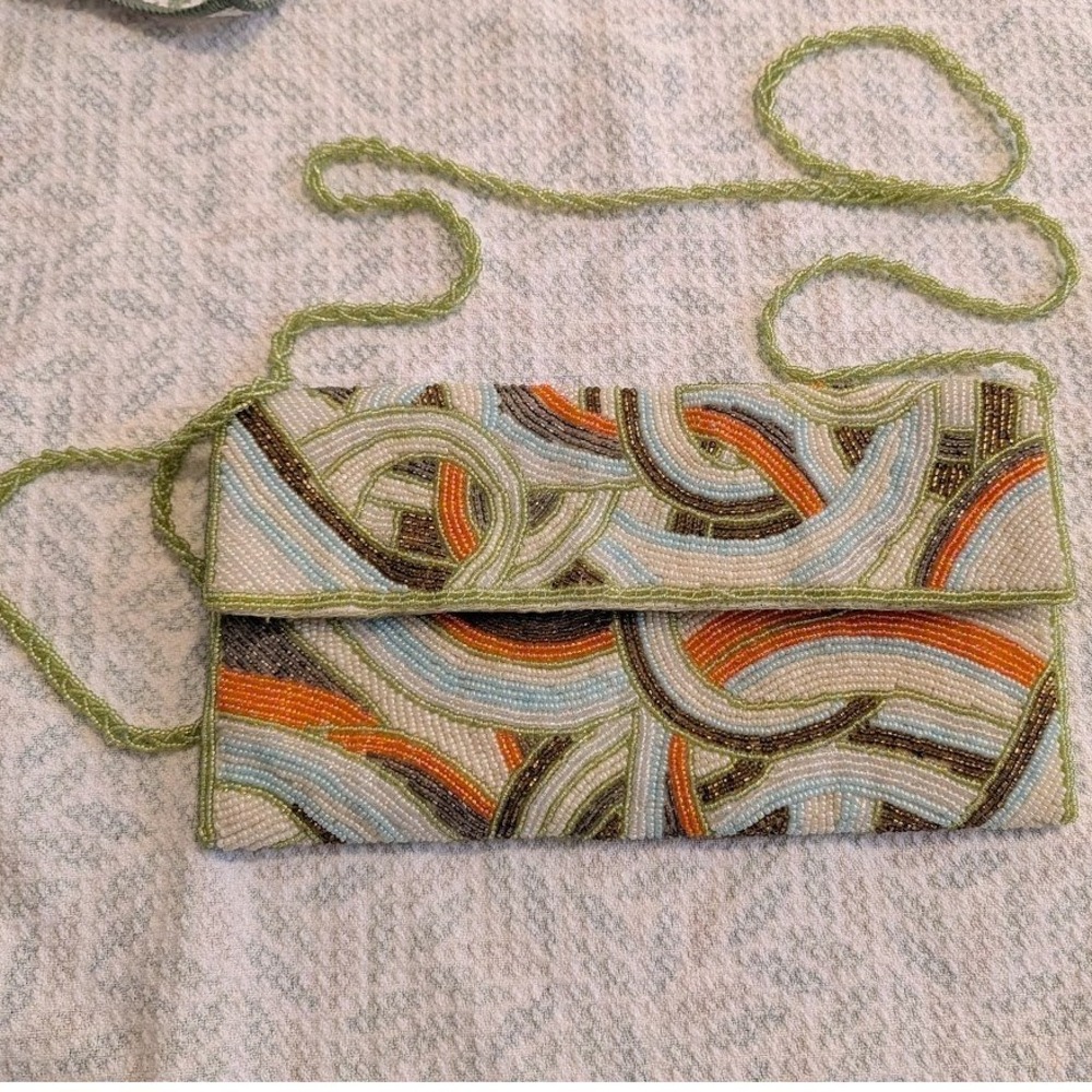 Fully Beaded Evening Crossbody Purse with Strap, Orange‎ Blue and Brown